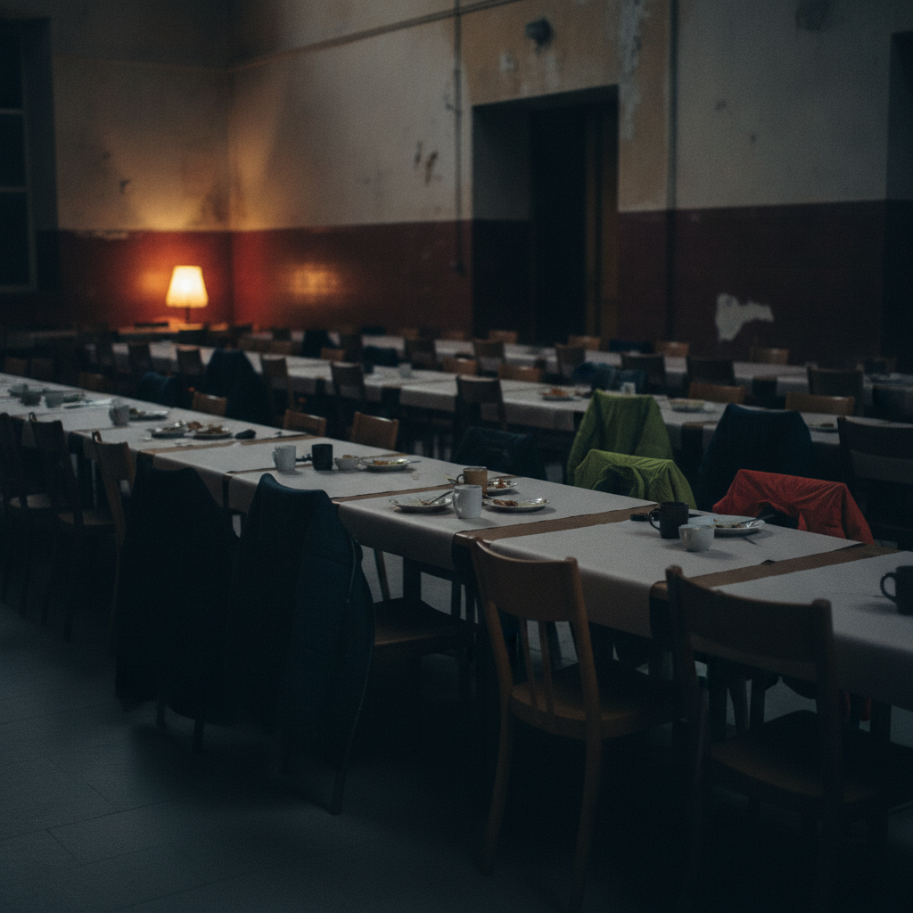 Moodboard: Saal am Abend, lange Tische, warmes Seitenlicht
